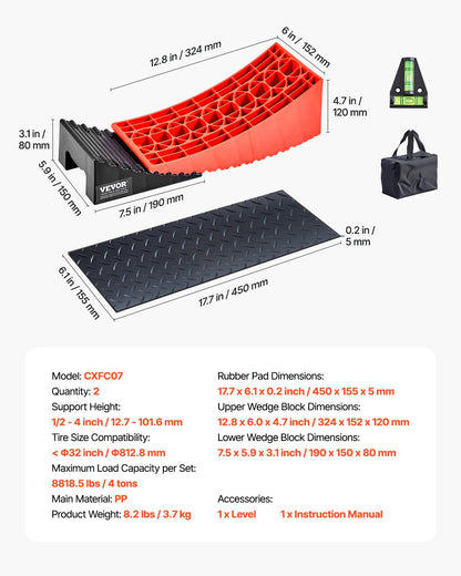 Husbilsnivåutjämnare, 2 st. nivåutjämnande block för husbilar, upp till 8818,5 kg hjulklossar för husbilar, max. 4" nivåutjämnande höjd, kraftiga böjda nivåutjämnare, nivåutjämnande kit för husbilar med halkfri matta, bärväska och vattenpass