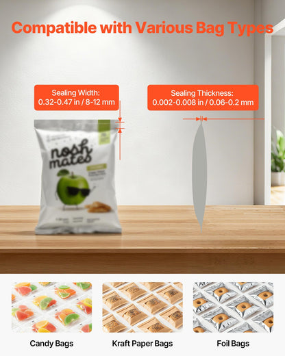 Kontinuerlig förseglingsmaskin, 8–12 mm förseglingsbredd, automatisk kontinuerlig bandförseglare med digital temperaturkontroll, automatisk avstängning, värmeförseglingsmaskin för 0,06–0,2 mm plastpåsar