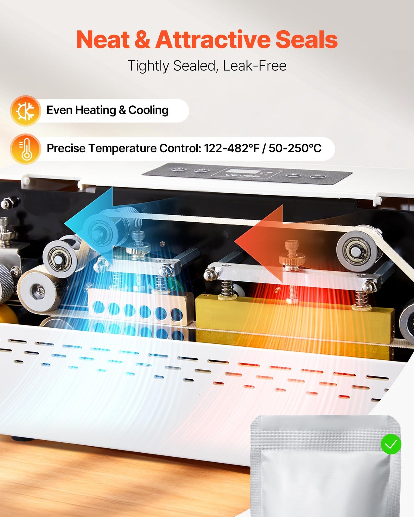Kontinuerlig förseglingsmaskin, 8–12 mm förseglingsbredd, automatisk kontinuerlig bandförseglare med digital temperaturkontroll, automatisk avstängning, värmeförseglingsmaskin för 0,06–0,2 mm plastpåsar