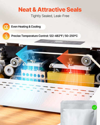 Kontinuerlig förseglingsmaskin, 8–12 mm förseglingsbredd, automatisk kontinuerlig bandförseglare med digital temperaturkontroll, automatisk avstängning, värmeförseglingsmaskin för 0,06–0,2 mm plastpåsar