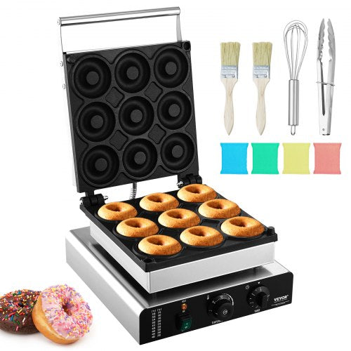 Electric Donut Maker, 2000W Commercial Doughnut Machine with Non-stick Surface, 9 Holes Double-Sided Heating Waffle Machine Makes 9 Doughnuts, Temperature 50-300℃, for Restaurant and Home Use