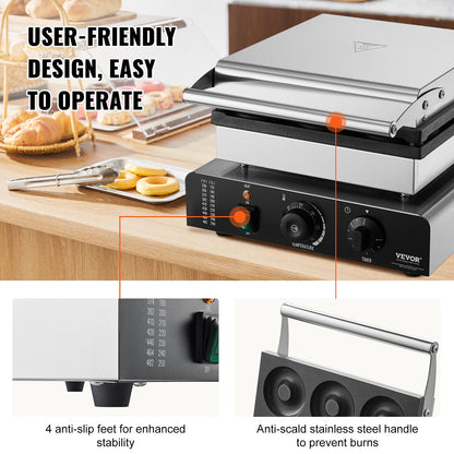 Electric Donut Maker, 2000W Commercial Doughnut Machine with Non-stick Surface, 9 Holes Double-Sided Heating Waffle Machine Makes 9 Doughnuts, Temperature 50-300℃, for Restaurant and Home Use