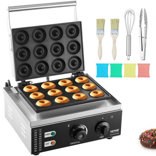 Electric Donut Maker, 1550W Commercial Doughnut Machine with Non-stick Surface, 12 Hole Double-Sided Heating Waffle Machine Makes 12 Doughnuts, Temperature 50-300℃, for Restaurant & Home Use