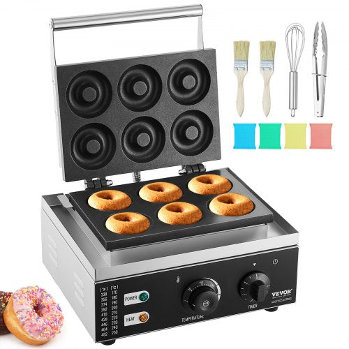 Electric Donut Maker, 1550W Commercial Doughnut Machine with Non-stick Surface, 6 Holes Double-Sided Heating Waffle Machine Makes 6 Doughnuts, Temperature 50-300℃, for Restaurant and Home Use