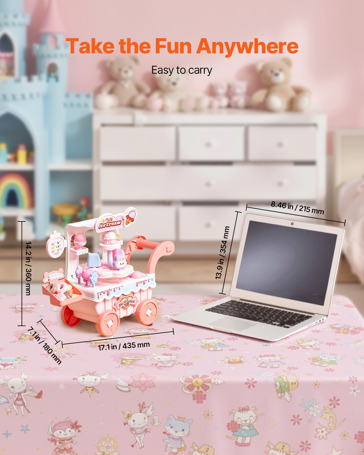 Glassvagn för barn, 27 delar tillbehör, låtsaslekbutik med förvaringsvagn med låtsaspengar, ljud- och ljuseffekter, Montessoripedagogiska glassbilsleksaker för småbarn 3+ (rosa)
