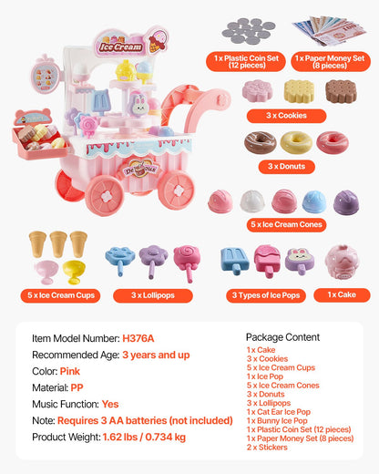 Glassvagn för barn, 27 delar tillbehör, låtsaslekbutik med förvaringsvagn med låtsaspengar, ljud- och ljuseffekter, Montessoripedagogiska glassbilsleksaker för småbarn 3+ (rosa)