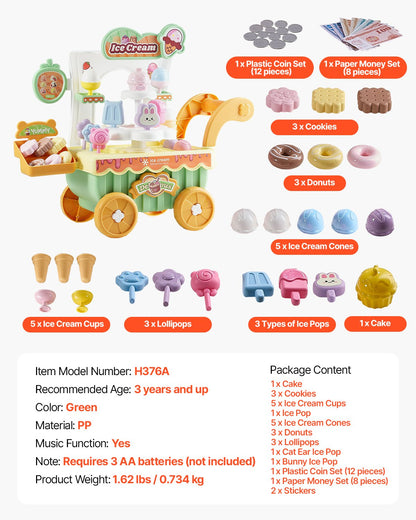 Glassvagn för barn, 27 delar tillbehör, låtsaslekaffär med förvaringsvagn med låtsaspengar, ljud- och ljuseffekter, Montessoripedagogiska glassbilleksaker för småbarn 3+