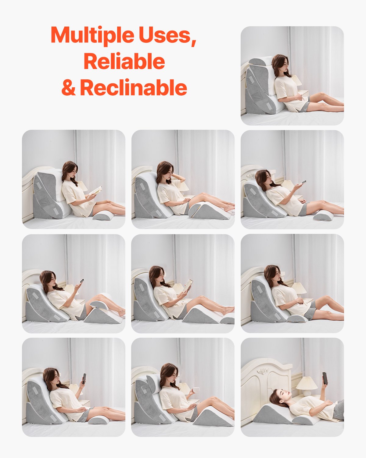 Kilkudde för sömn, 4 st justerbar ortopedisk sängkilsats, stöd för ben, nacke, axel, postoperativ kudde för ryggsmärtor, sura uppstötningar, snarkningslindring, sittande i sängen, vit/grå