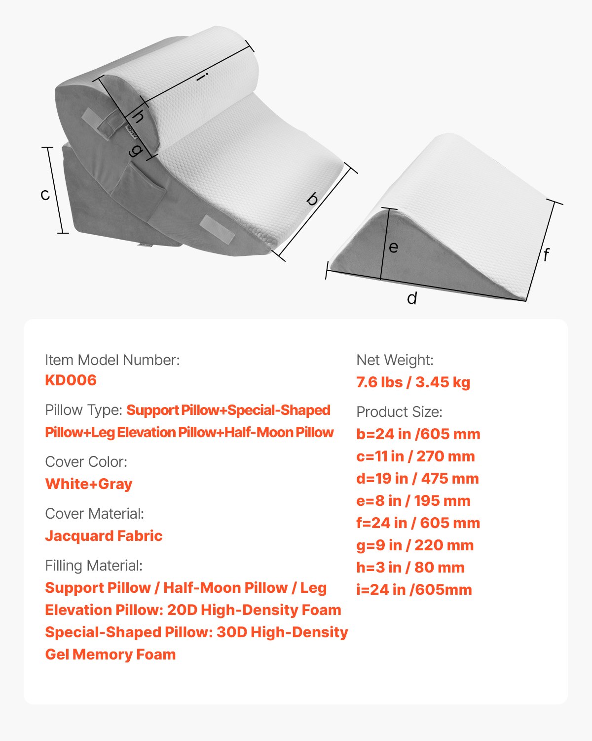 Kilkudde för sömn, 4 st justerbar ortopedisk sängkilsats, stöd för ben, nacke, axel, postoperativ kudde för ryggsmärtor, sura uppstötningar, snarkningslindring, sittande i sängen, vit/grå