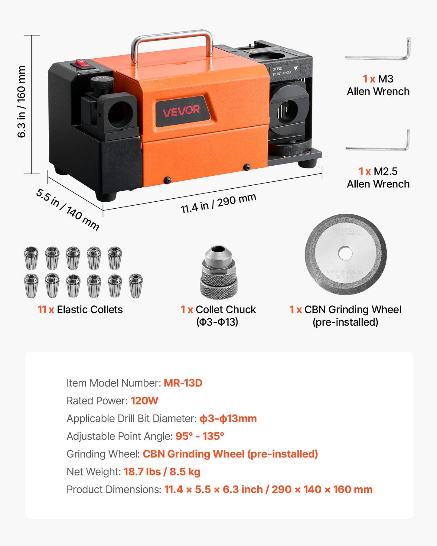 Drill Bits Sharpener MR-13D, 3–13mm Professional Drill Bit Grinder with Adjustable Lip Relief Angle, Front Cutting Lip & 95°-135° Point Angle, 4600RPM Re-Sharpener with 11 Collets & CBN Wheel