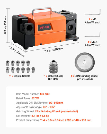 Drill Bits Sharpener MR-13D, 3–13mm Professional Drill Bit Grinder with Adjustable Lip Relief Angle, Front Cutting Lip & 95°-135° Point Angle, 4600RPM Re-Sharpener with 11 Collets & CBN Wheel