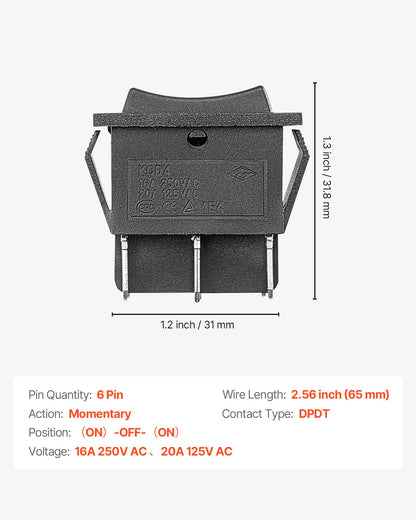 Vippströmbrytare, 6-polig momentan DPDT vippströmbrytare, 3-läges (PÅ)-Av-(PÅ) polaritetsomkastare AC 250V/16A 125V/20A för bil, båt, hushållsapparater