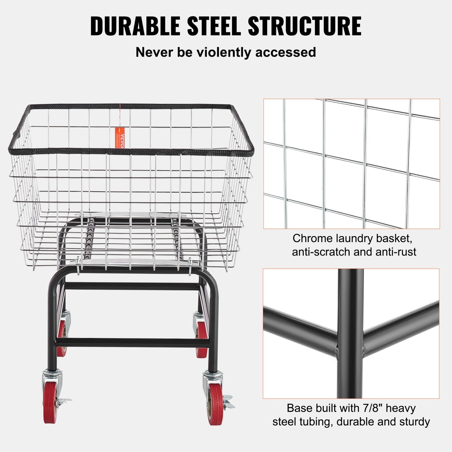 Tvättvagn i tråd, 2,8 bushel trådtvättkorg med hjul, 26,7''x21,7''x26,4'' kommersiell trådtvättkorg, stålram med kromfinish, 4" hjul, trådtvättkorg