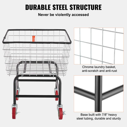 Tvättvagn i tråd, 2,8 bushel trådtvättkorg med hjul, 26,7''x21,7''x26,4'' kommersiell trådtvättkorg, stålram med kromfinish, 4" hjul, trådtvättkorg