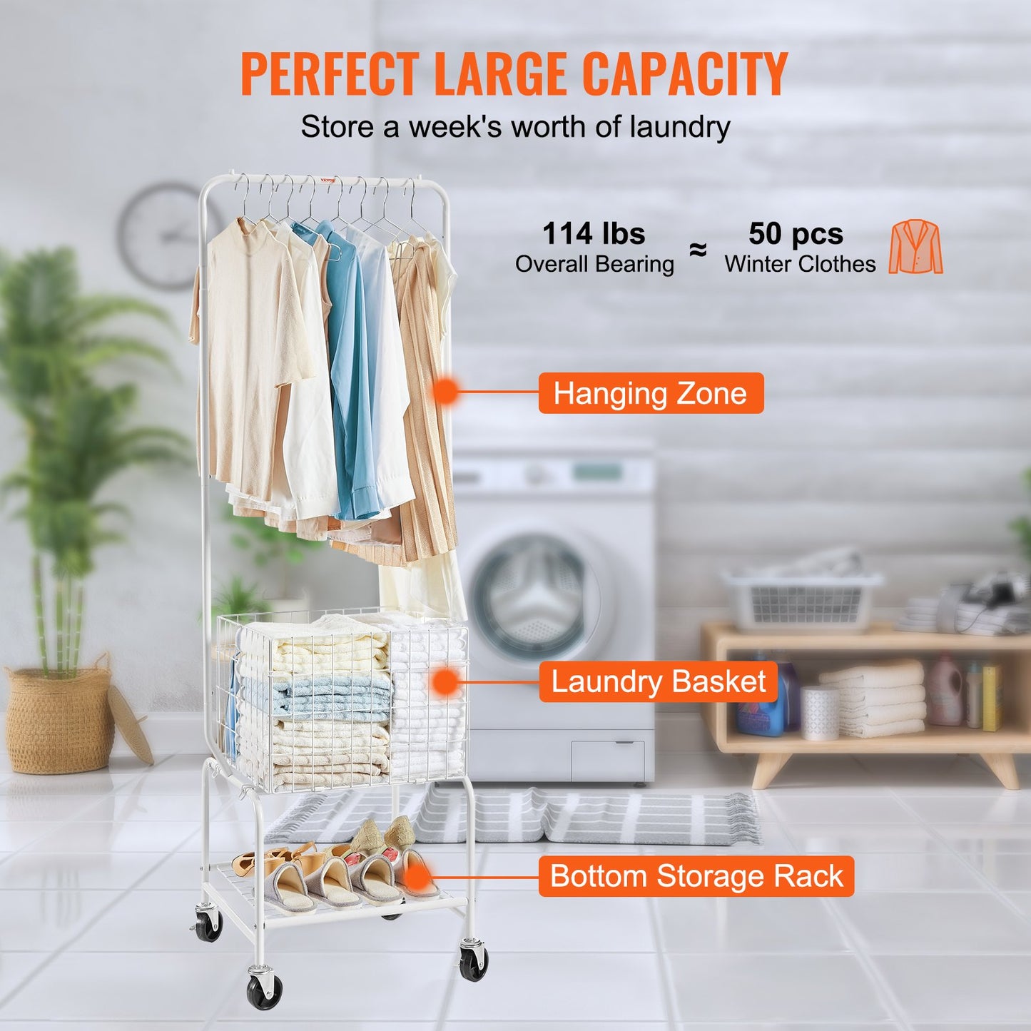 Metal Rolling Laundry Basket with Hanging Garment Rack, Height Adjustment Laundry Hamper Cart with Basket Load and Shelf Load, Storage Organizer with Heavy Duty Lockable Wheels