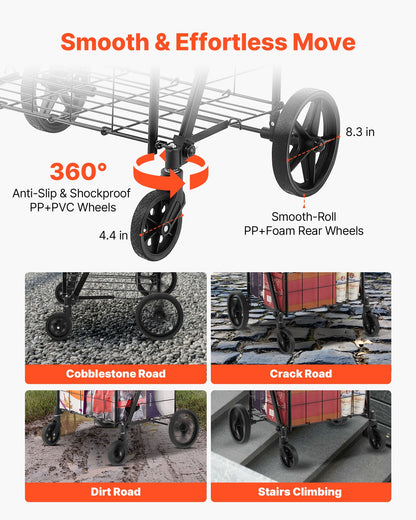 Folding Shopping Cart, Jumbo Grocery Cart with Double Baskets, 360° Swivel Wheels, Heavy Duty Utility Cart, 110 LBS Large Capacity Utility Cart for Laundry, Shopping, Grocery, Luggage