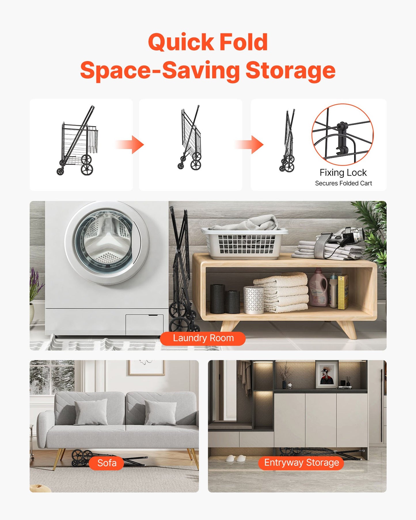 Folding Shopping Cart, Jumbo Grocery Cart with Double Baskets, 360° Swivel Wheels, Heavy Duty Utility Cart, 110 LBS Large Capacity Utility Cart for Laundry, Shopping, Grocery, Luggage