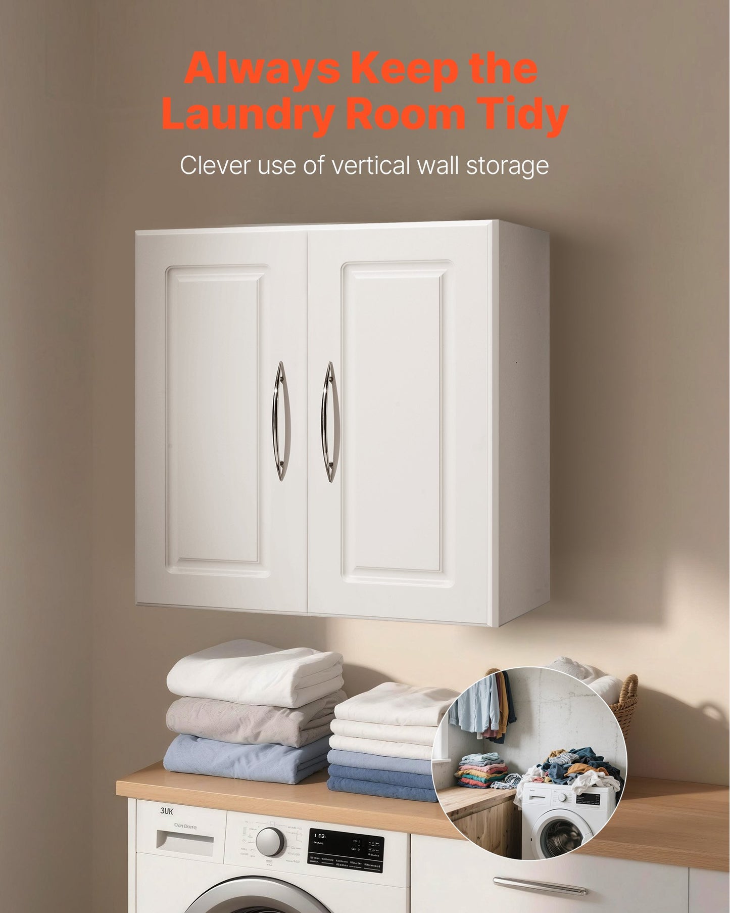 Laundry Room Wall Cabinet, 2-Tier Wall Mounted Hanging Cabinet with Adjustable Shelf, 60 cm Cupboard Storage with 2 Doors, for Kitchen, Bathroom, Laundry, 30 x 60 x 60 cm (D x W x H), White