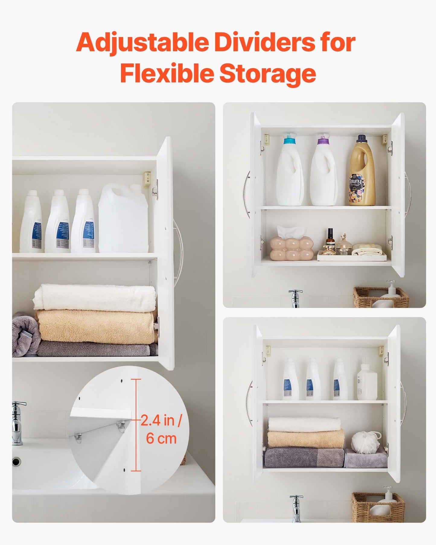 Laundry Room Wall Cabinet, 2-Tier Wall Mounted Hanging Cabinet with Adjustable Shelf, 60 cm Cupboard Storage with 2 Doors, for Kitchen, Bathroom, Laundry, 30 x 60 x 60 cm (D x W x H), White