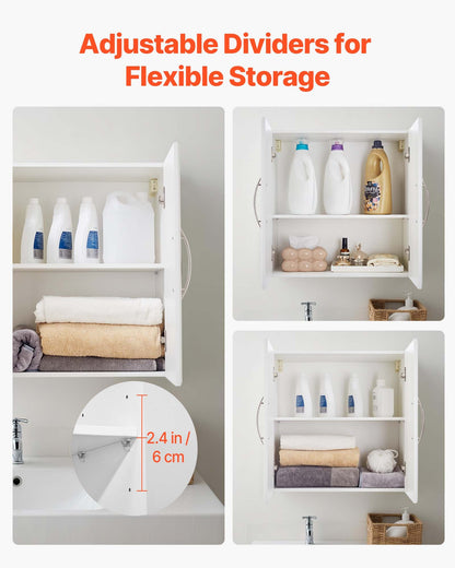 Laundry Room Wall Cabinet, 2-Tier Wall Mounted Hanging Cabinet with Adjustable Shelf, 60 cm Cupboard Storage with 2 Doors, for Kitchen, Bathroom, Laundry, 30 x 60 x 60 cm (D x W x H), White
