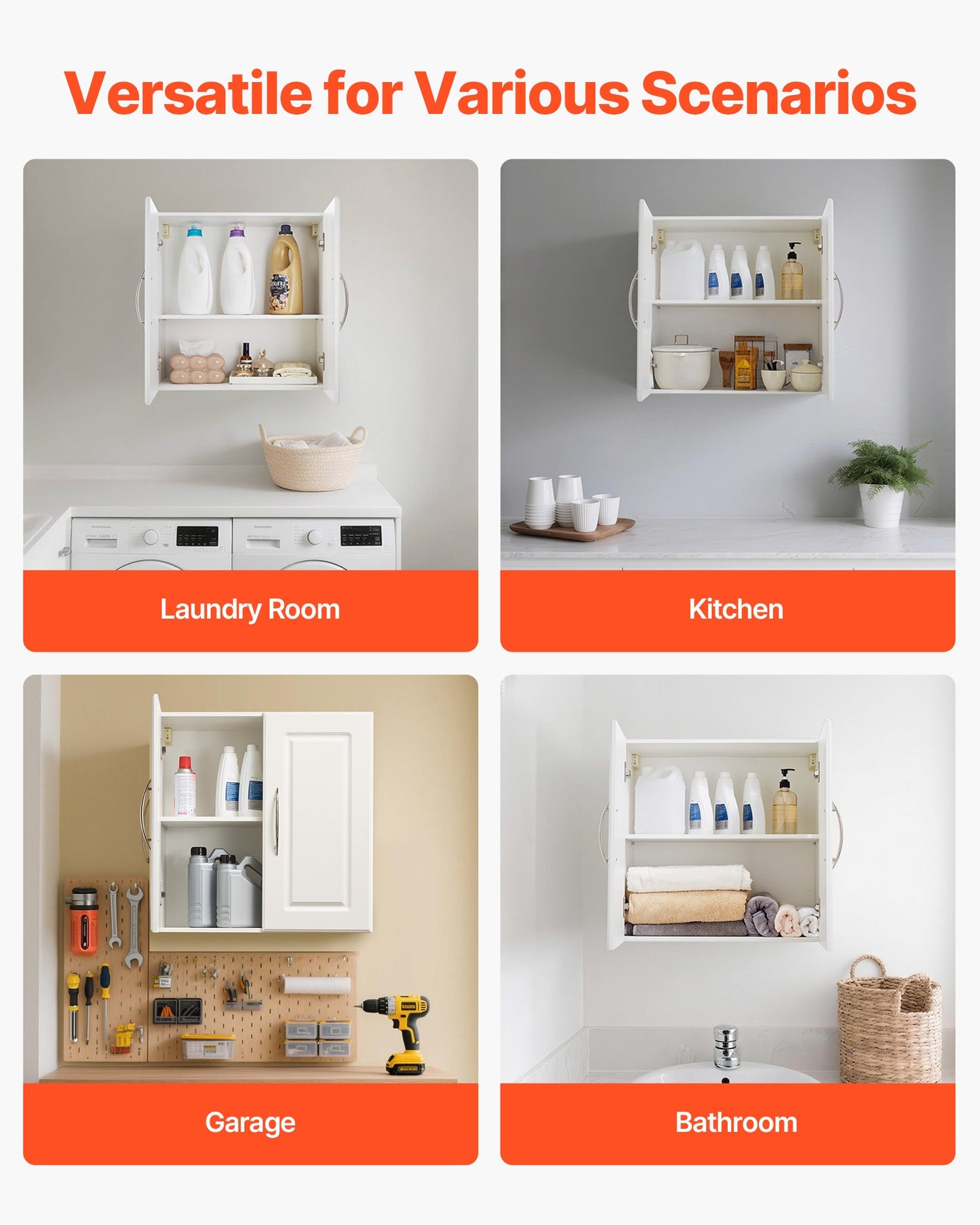 Laundry Room Wall Cabinet, 2-Tier Wall Mounted Hanging Cabinet with Adjustable Shelf, 60 cm Cupboard Storage with 2 Doors, for Kitchen, Bathroom, Laundry, 30 x 60 x 60 cm (D x W x H), White