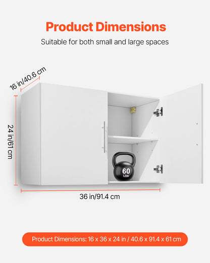 Väggskåp för tvättstuga, väggmonterat hängande skåp i 2 våningar med 2 dörrar, skåporganisatör med justerbar hylla, för badrum, kök, garage, tvättstuga, 40 x 91 x 61 cm (D x B x H), vit
