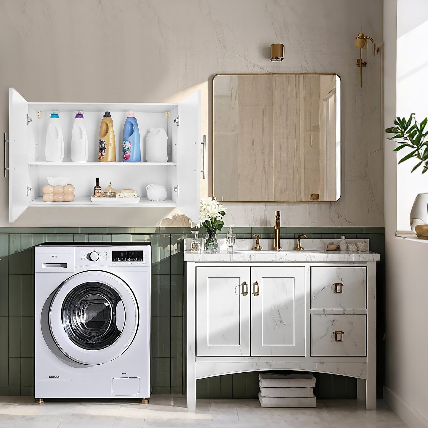 Väggskåp för tvättstuga, väggmonterat hängande skåp i 2 våningar med 2 dörrar, skåporganisatör med justerbar hylla, för badrum, kök, garage, tvättstuga, 40 x 91 x 61 cm (D x B x H), vit