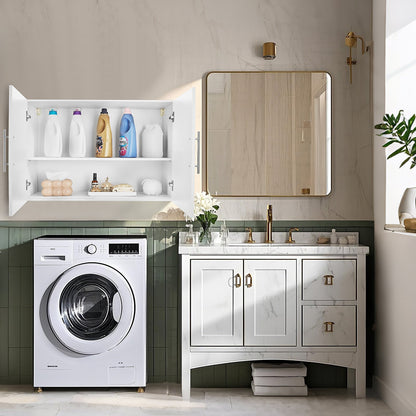 Väggskåp för tvättstuga, väggmonterat hängande skåp i 2 våningar med 2 dörrar, skåporganisatör med justerbar hylla, för badrum, kök, garage, tvättstuga, 40 x 91 x 61 cm (D x B x H), vit