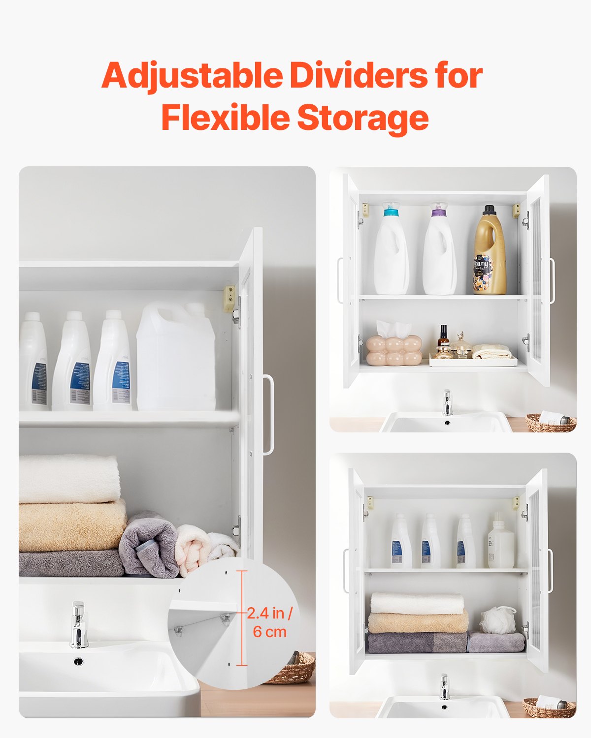 Laundry Room Wall Cabinet, 2-Tier Wall Mounted Cabinet with 4 Doors, Cupboard Organizer with Adjustable Shelf, for Kitchen, Garage, Laundry, Set of 2, Each 12 x 24 x 24 in (D x W x H), White