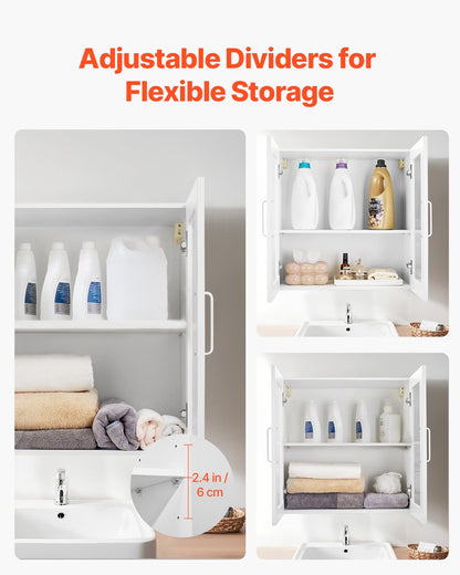 Laundry Room Wall Cabinet, 2-Tier Wall Mounted Cabinet with 4 Doors, Cupboard Organizer with Adjustable Shelf, for Kitchen, Garage, Laundry, Set of 2, Each 12 x 24 x 24 in (D x W x H), White