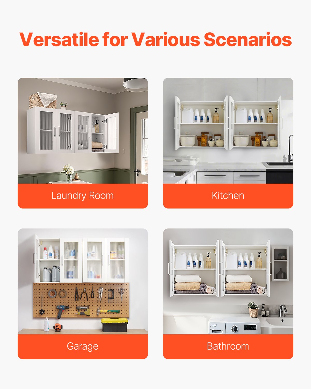 Väggskåp för tvättstuga, väggmonterat skåp i 2 våningar med 4 dörrar, skåporganiserare med justerbar hylla, för kök, garage, tvättstuga, set om 2, vardera 30 x 60 x 60 cm (D x B x H), vit