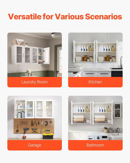 Väggskåp för tvättstuga, väggmonterat skåp i 2 våningar med 4 dörrar, skåporganiserare med justerbar hylla, för kök, garage, tvättstuga, set om 2, vardera 30 x 60 x 60 cm (D x B x H), vit