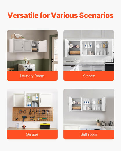 Väggskåp för tvättstuga, väggmonterat hängande skåp i 2 våningar med 3 dörrar, skåporganiserare med justerbar hylla, för kök, garage, tvättstuga, 30,6 x 132 x 51 cm (D x B x H), vit