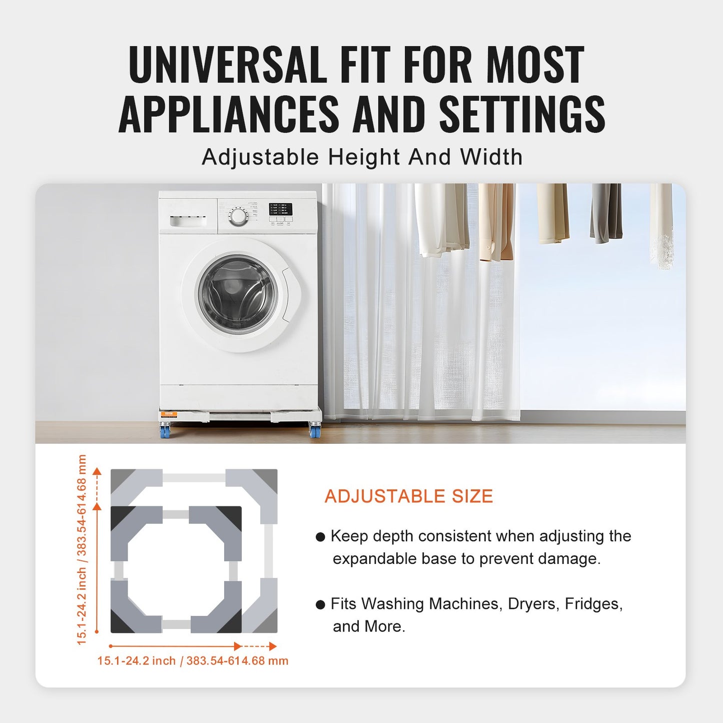 Mini Fridge Stand Universal Laundry Pedestal, Adjustable Refrigerator Stand with Smooth Casters, Washing Machine Pedestal Multi-Functional Base for Washer And Dryer, 381-615mm Wide Expandable