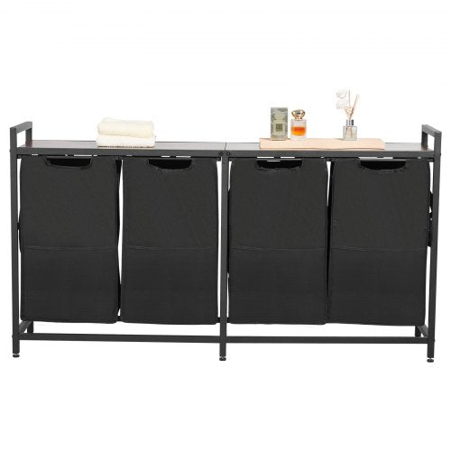 4-delad tvättkorg, stor tvättkorg med metallram och träbordsskiva, fristående förvaringskorgar med utdragbara 600D Oxford-tygpåsar för smutsiga kläder, badrum