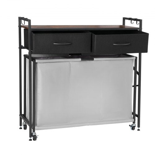 3-delad tvättkorg, rullande tvättkorg med 2 lådor, krokar och hjul, rullande korgorganisatör med utdragbara rullväskor och träbordsskiva för smutsiga kläder, badrum