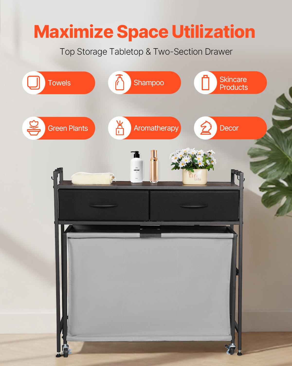 3 Section Laundry Sorter, Rolling Laundry Hamper with 2 Drawers, Hooks & Wheels, Rolling Basket Organizer Storage with Pull-Out Rolling Bags and Wooden Tabletop for Dirty Clothes, Bathroom