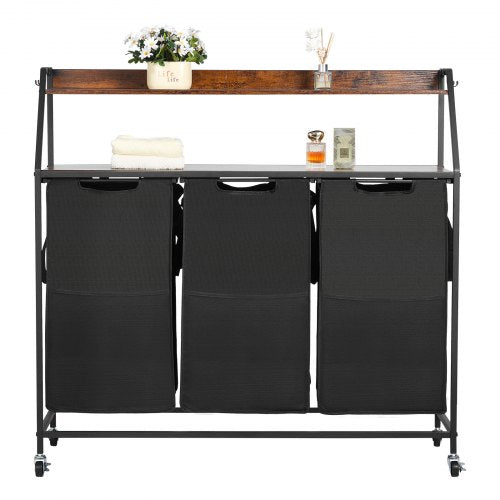 2-våningars tvättkorg, hög tvättkorg med metallram och träbordsskiva, 3-delad rullkorg med steghyllor och 600D Oxford-tygpåsar för smutsiga kläder