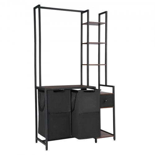 3 Tiers Laundry Sorter with Rack, Tall Laundry Hamper with Shelves and Drawers, 2 Section Freestanding Hanging Rack Storage with 600D Oxford Cloth Bags and Ladder Shelves for Dirty Clothes