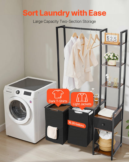 3 Tiers Laundry Sorter with Rack, Tall Laundry Hamper with Shelves and Drawers, 2 Section Freestanding Hanging Rack Storage with 600D Oxford Cloth Bags and Ladder Shelves for Dirty Clothes