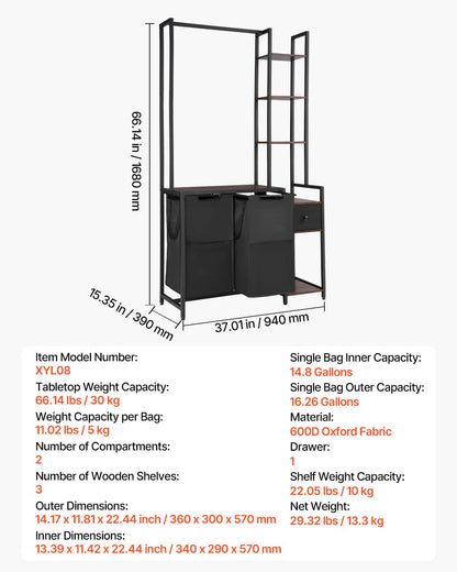 3 Tiers Laundry Sorter with Rack, Tall Laundry Hamper with Shelves and Drawers, 2 Section Freestanding Hanging Rack Storage with 600D Oxford Cloth Bags and Ladder Shelves for Dirty Clothes