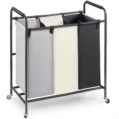 3-Section Laundry Basket, Heavy Duty Laundry Hamper Storage Organizer, Laundry Sorter Cart with Heavy Duty Lockable Wheels for Dirty Clothes in Laundry Room Bedroom