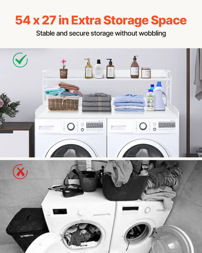 Bänkskiva för tvättmaskin/torktumlare med hyllplan i två nivåer, 136 x 61 cm träbänkskiva för tvättmaskin och torktumlare med halkfria dynor, vattentåligt tvättöverdrag för organisering och förvaring av tvättstugan, vit