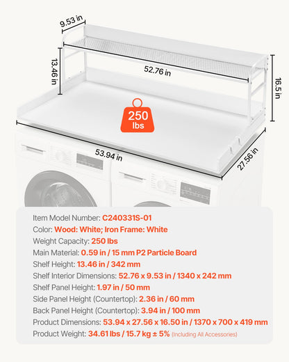 Bänkskiva för tvättmaskin/torktumlare med hyllplan i två nivåer, 136 x 61 cm träbänkskiva för tvättmaskin och torktumlare med halkfria dynor, vattentåligt tvättöverdrag för organisering och förvaring av tvättstugan, vit
