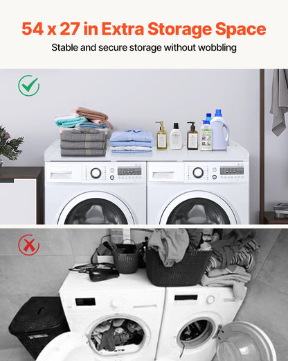 Bänkskiva för tvättmaskin/torktumlare, 136 x 61 cm bänkskiva i trä för tvättmaskin och torktumlare, vattentåligt tvättmaskinsöverdrag med halkfria dynor, för organisering och förvaring av tvättstugan, vit