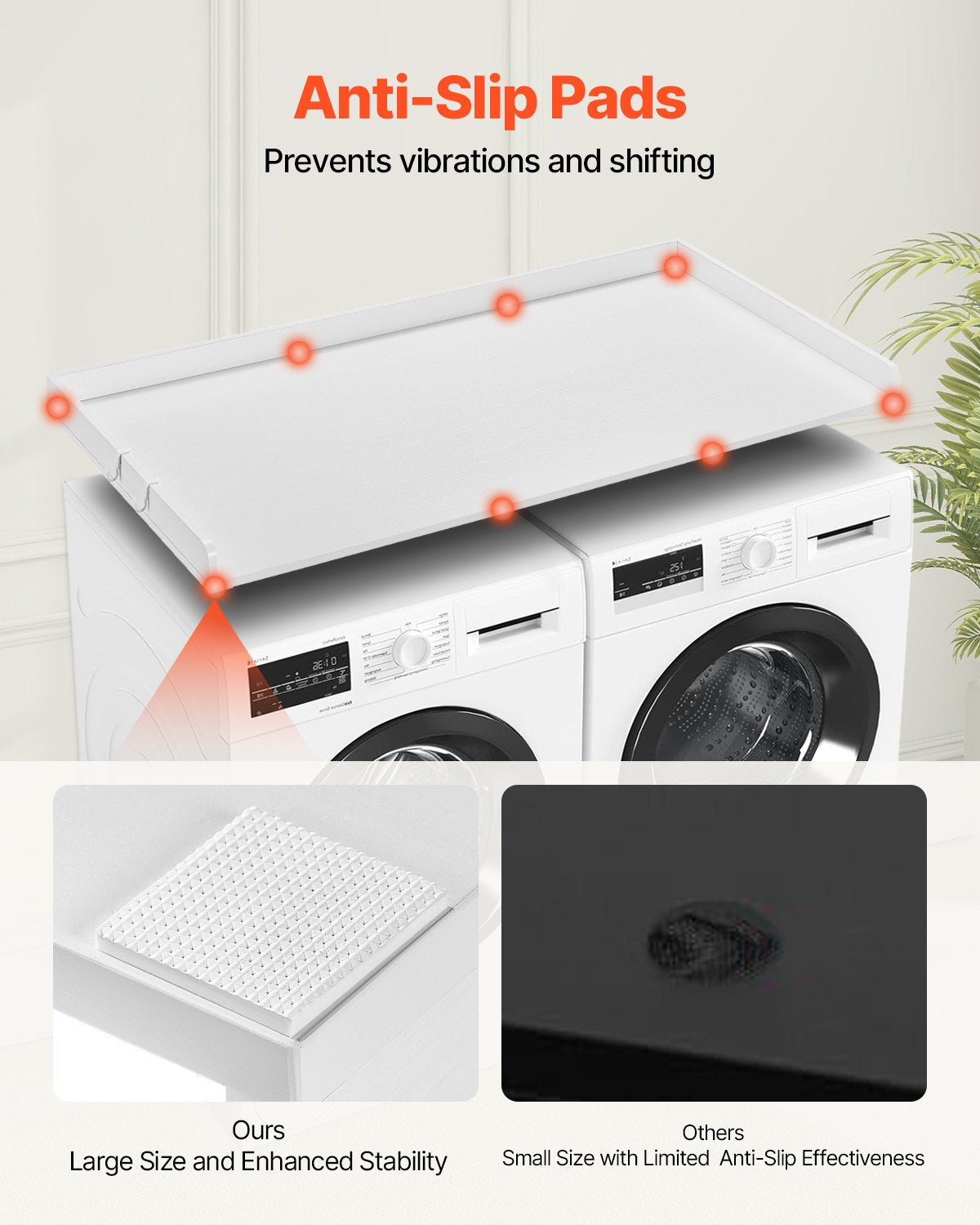 Bänkskiva för tvättmaskin/torktumlare, 136 x 61 cm bänkskiva i trä för tvättmaskin och torktumlare, vattentåligt tvättmaskinsöverdrag med halkfria dynor, för organisering och förvaring av tvättstugan, vit
