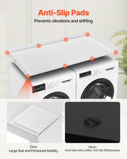 Bänkskiva för tvättmaskin/torktumlare, 136 x 61 cm bänkskiva i trä för tvättmaskin och torktumlare, vattentåligt tvättmaskinsöverdrag med halkfria dynor, för organisering och förvaring av tvättstugan, vit