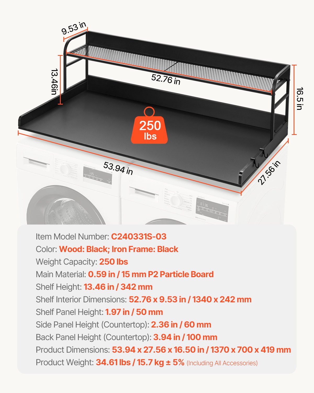 Washer Dryer Countertop with 2-Tier Shelf, 54" x 27" Wooden Washer and Dryer Countertop with Anti-Slip Pads, Water-Resistant Laundry Topper Cover for Laundry Room Organization and Storage, Black