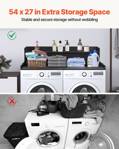 2 Drawers Washer Dryer Countertop with 2-Tier Shelf, 54" x 27" Wooden Washer and Dryer Countertop with Non-Slip Pads, Water-Resistant Laundry Topper for Laundry Room Organization, Black
