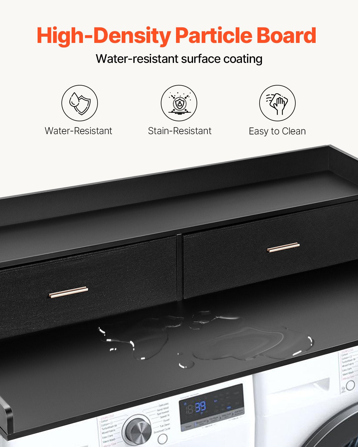 2 Drawers Washer Dryer Countertop with 2-Tier Shelf, 54" x 27" Wooden Washer and Dryer Countertop with Non-Slip Pads, Water-Resistant Laundry Topper for Laundry Room Organization, Black